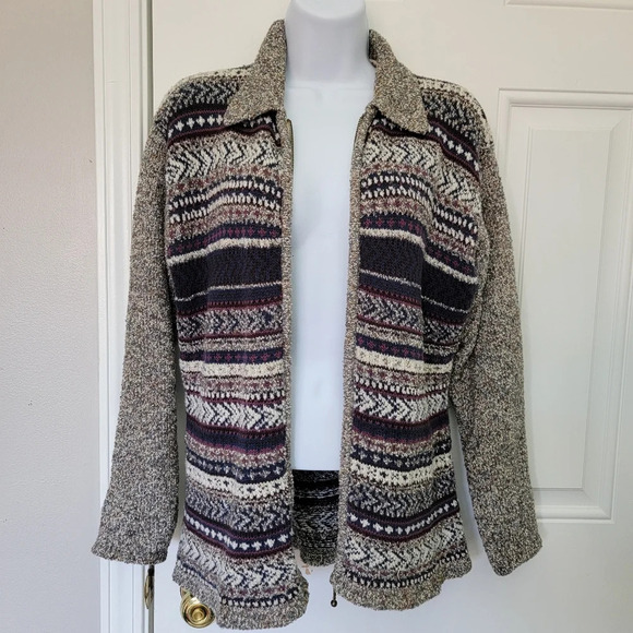 Le Moda Vintage Full Zip Collared Faire Isle Nordic Marled Wool Blend Sweater M - Picture 2 of 11